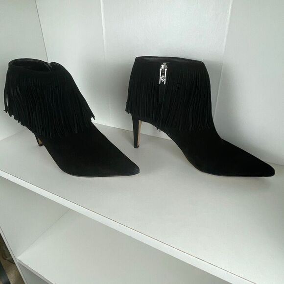 Sam Edelman Suede Fringe Trim Ankle Boots 8.5 Black - Picture 2 of 10